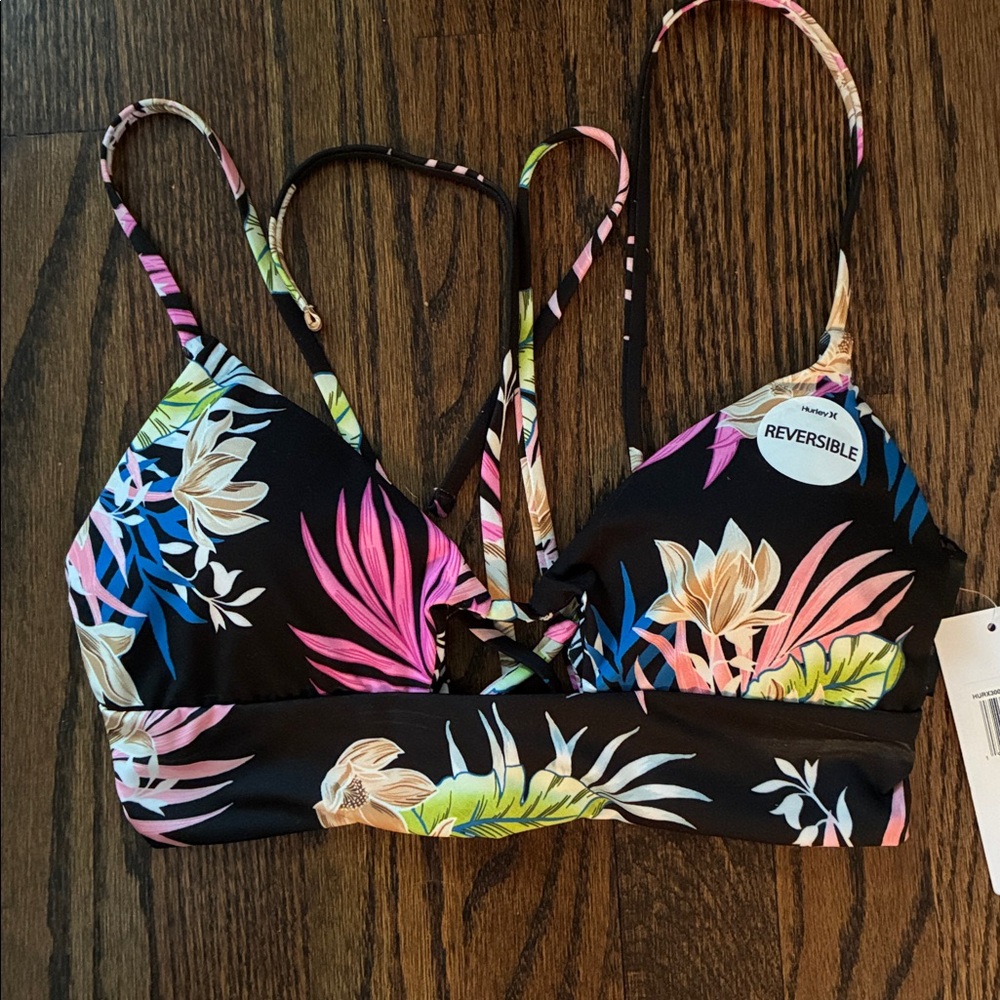 Hurley Tropical Floral Reversible Bikini - Black, Pink, Blue, Green, Cream - NWT - Picture 4 of 6